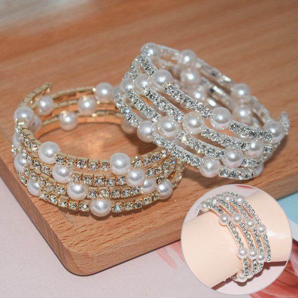 Elegant Crystal Imitation Pearl Armband Multilayer Stretchable Gold