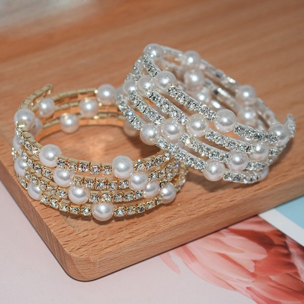 Elegant Crystal Imitation Pearl Armband Multilayer Stretchable Silver