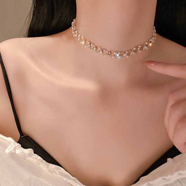 Nytt mode Choker Halsband Inläggningar Rhinestone Pearl Necklace