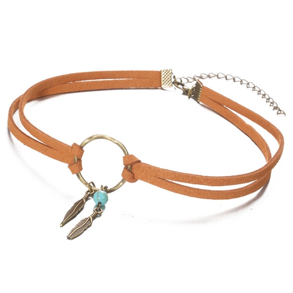 Kvinnor Bohemian Choker Boho Feather Bead Pendant Brunt Läder C