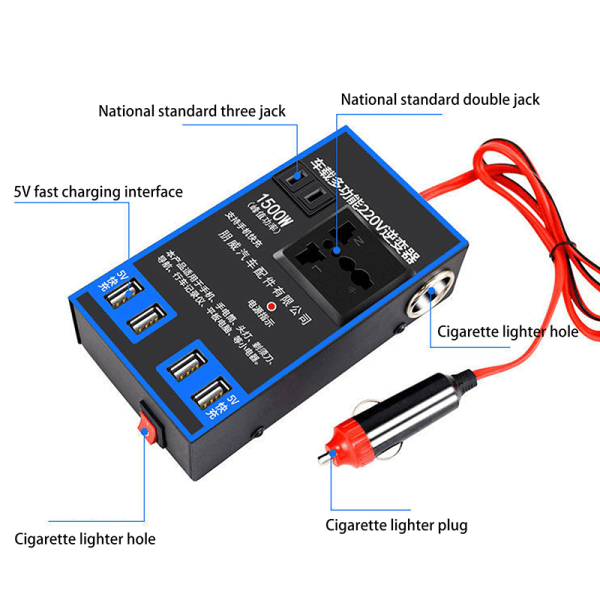 1500W power 12V 24V till 220V Bilmobiltelefon USB C