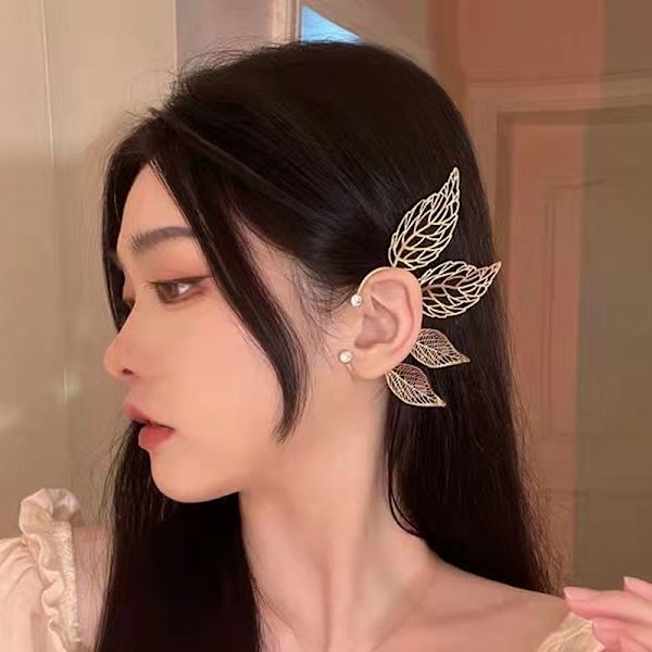 1 st Chic Elf Ear Cuff Maple Leaf Hollowed Zircon Leaf Cosplay Silver Left ear