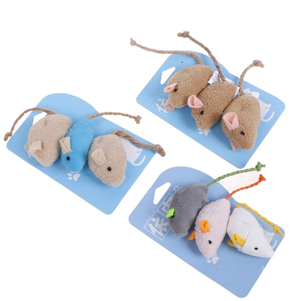 Kattleksaksimitation Plyschmus 3-pack innehållande kattmynta 3（Beige + Blue Mix）