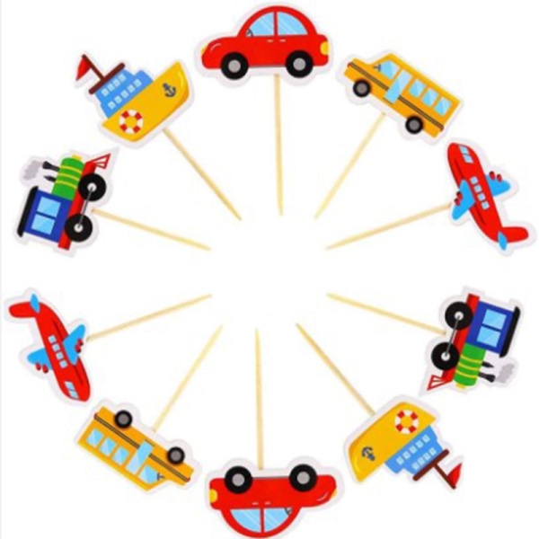 10 st Cartoon Car Transport Cupcake Topper Picks Barnfödelsedag