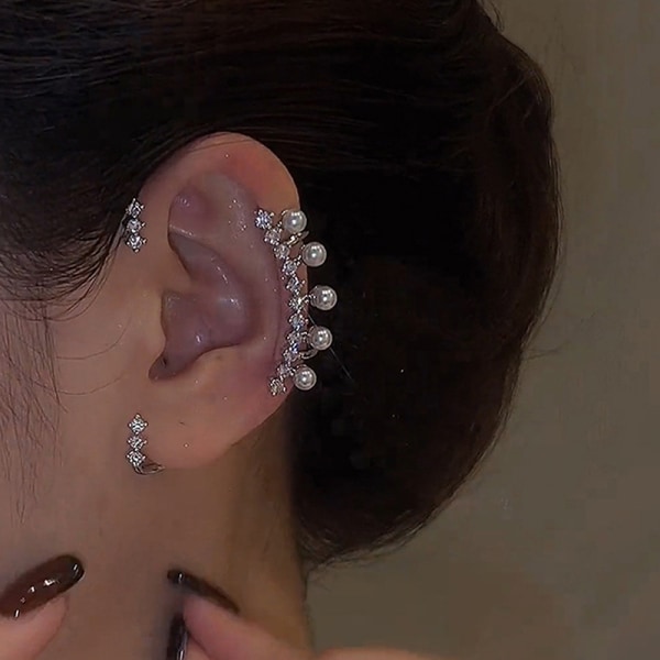 Fashion Shiny Zircon Pearl Ear Clip Ear Cuff för kvinnor Silver C Left ear