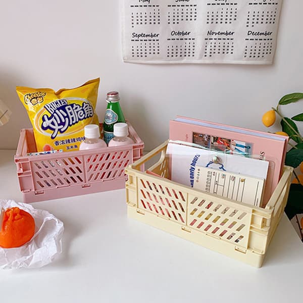 Mini plastförvaringslåda Hopfällbar förvaringsbehållare Desktop Pink S