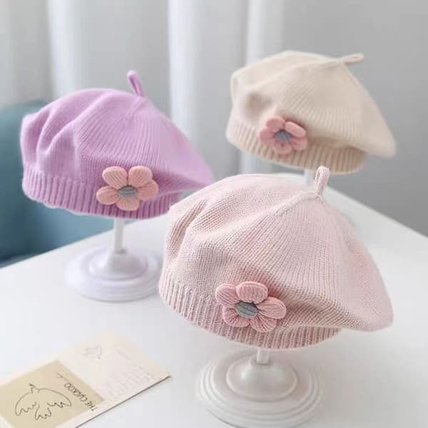 Blomma Baby Basker Hatt Enfärgad Vinter Varm stickad mössa Ca Pink