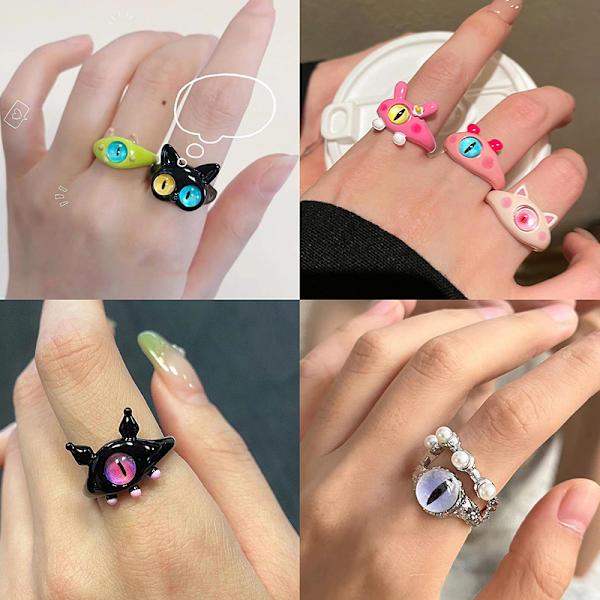 Black Cat Monster Ring för kvinnor Roliga Big Eye tecknade par R A7