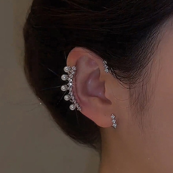 Fashion Shiny Zircon Pearl Ear Clip Ear Cuff för kvinnor Silver C Left ear