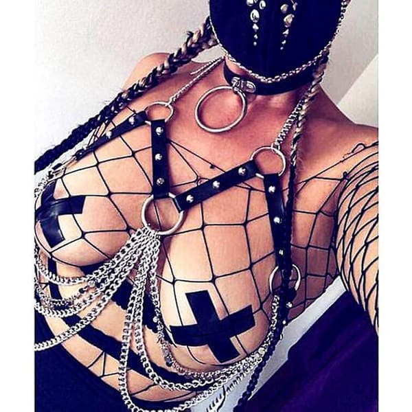 Gotisk Læder BH Kæde Sort Multilayer Harness Brystkæder Multilayer Stropper Buste Clubwear Kropstilbehør