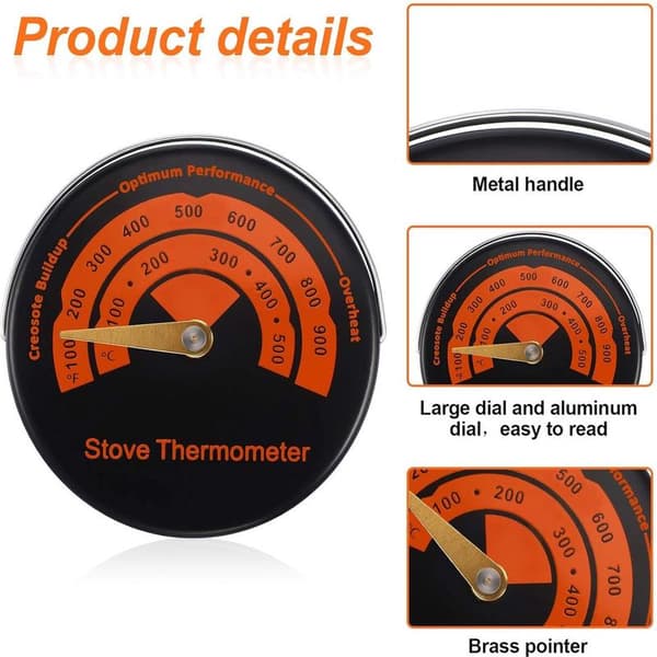 Eldstedtermometer til måling af røgrørstemperatur - Magnetisk termometer til brændeovn - Orange