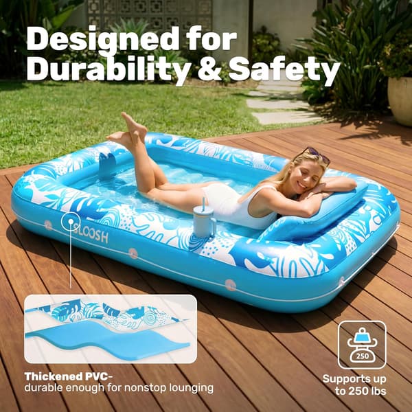 Inflatable Pool Lounger, 180 x 118 cm Extra Large Pool Float for Adults with Pillow, 4-in-1 Sunbathing Pool Float, Sunbed Lounge Blue