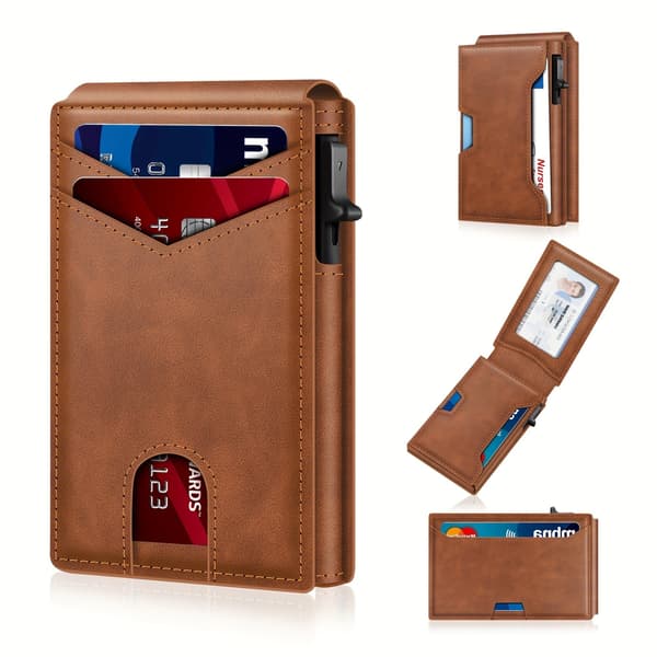 Men's Wallet in Light Brown Carbon Fiber Texture, RFID Blocking Pop-Up Card Holder, Slim Foldable Compact Wallet with Magnetic Closure light brown