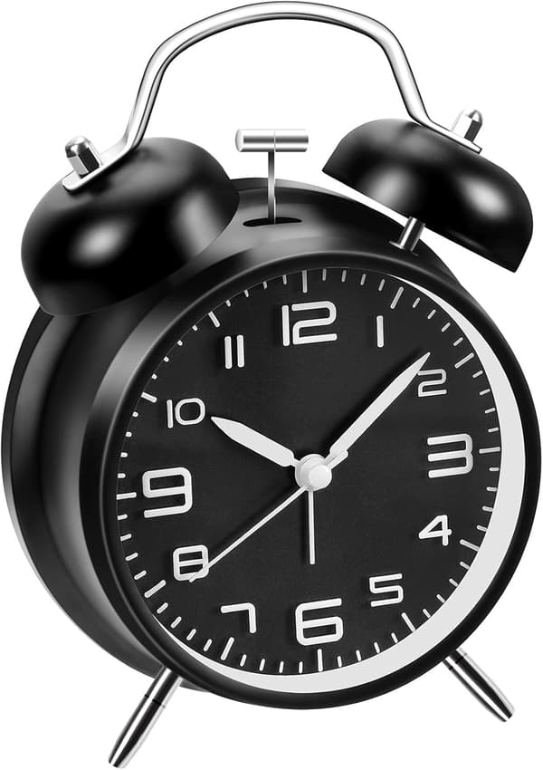 4 inch Twin Bell Alarm Clock with Stereoscopic Dial, Backlight, Battery Operated Loud Alarm Clock - Black