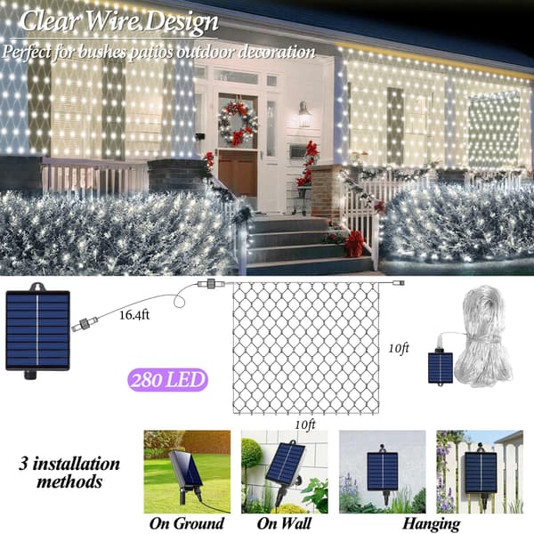 3 x 3 m Solar Net Lights with 280 LEDs, USB Powered, 8 Modes on Clear Wire for Shrubs, Patio, Gazebo, Christmas, Holidays Cool White