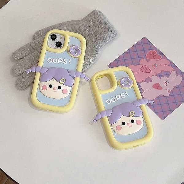 Kawaii mobilskal för iPhone 14 Pro Max, sött tecknat munkflicka mobilskal 3D för iPhone 14 Pro Max