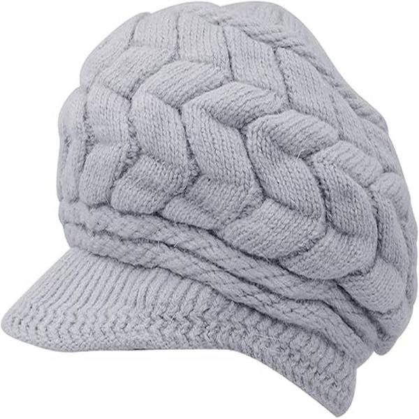 Dam vinter stickad mössa med brätte svart vit grå, elegant mössa med varmt fleecefoder gray