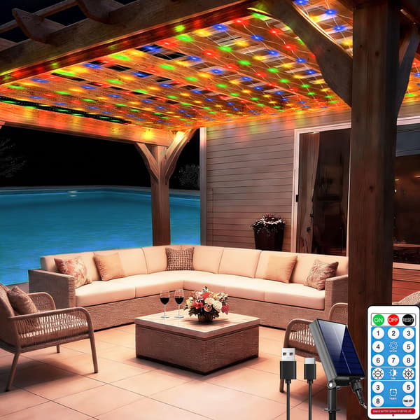 3 x 3 m Solar Net Lights with 280 LEDs, USB Powered, 8 Modes on Clear Wire for Bushes, Patio, Gazebo, Christmas, Holidays Multicolor