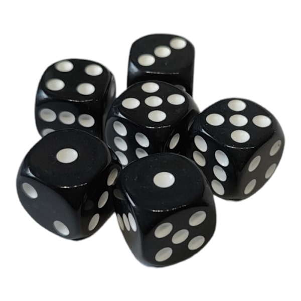 6 mustaa noppaa 16mm noppapeleihin, helppo heittää