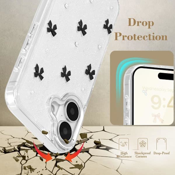 Compatible with iPhone 16, Bling Glitter 3D Bow Phone Case Cute Sparkling Crystal Clear Bow Slim Soft Durable Protective Cover Black iPhone 16 Black iPhone 16 Black