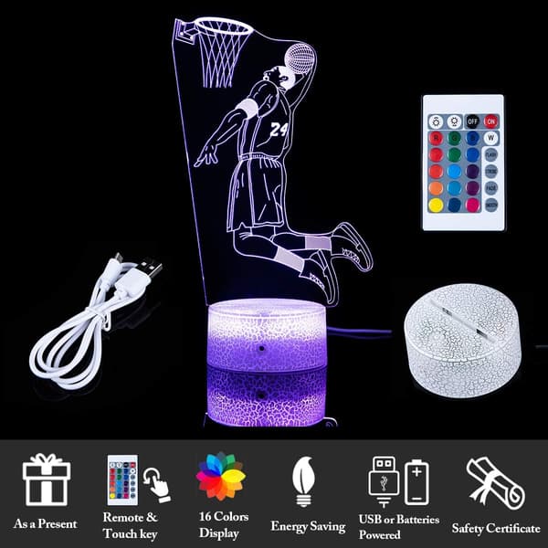 Kobe Bryant 3D Illusion Lamp with 16 Color Changing Touch Button and Remote Control Kobe Bryant Basketball Night Light