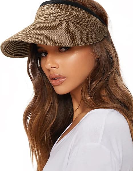 Women's Wide Brim Sun Visor, UV Protection Packable Ponytail Beach Hat, Summer Outdoor Travel Visor brown