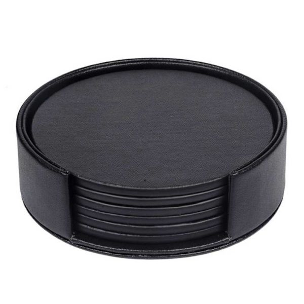 6-pak Vendbare Glasunderlag Sort PU-Læder med Holder sort black