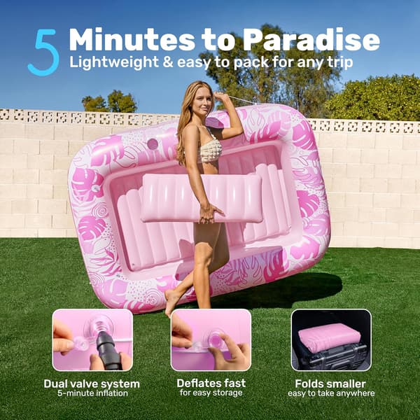 Inflatable Pool Lounger, 180 x 118 cm Extra Large Pool Float for Adults with Pillow, 4-in-1 Sunbathing Pool Float, Sunbed Lounge Pink