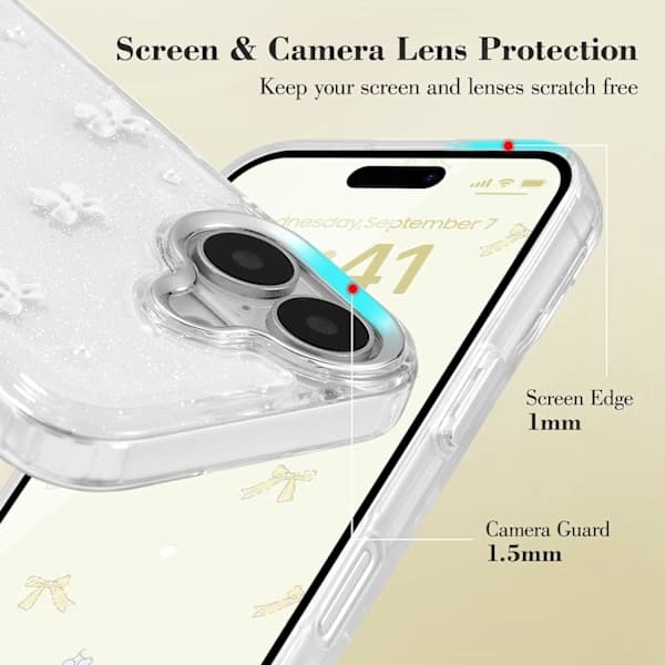 Compatible with iPhone 16, Bling Glitter 3D Bow Phone Case Cute Sparkling Crystal Clear Bow Slim Soft Durable Protective Cover White iPhone 16 Whit iPhone 16 White
