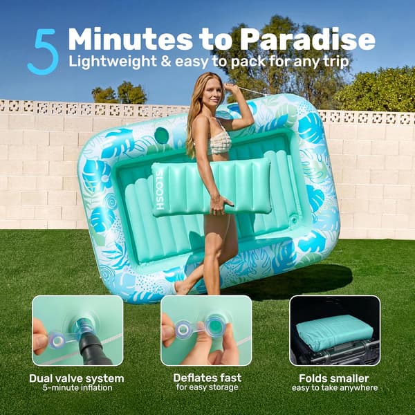 Inflatable Pool Lounger, 180 x 118 cm Extra Large Pool Float for Adults with Pillow, 4-in-1 Sunbathing Pool Float, Sunbed Lounge Green