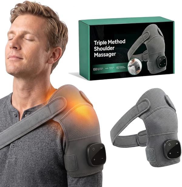 Triple-Method Shoulder Massager - Shiatsu Heated Pad, 3 Adjustable Levels, Shoulder/Neck/Leg Pain Relief, Compression & Vibration