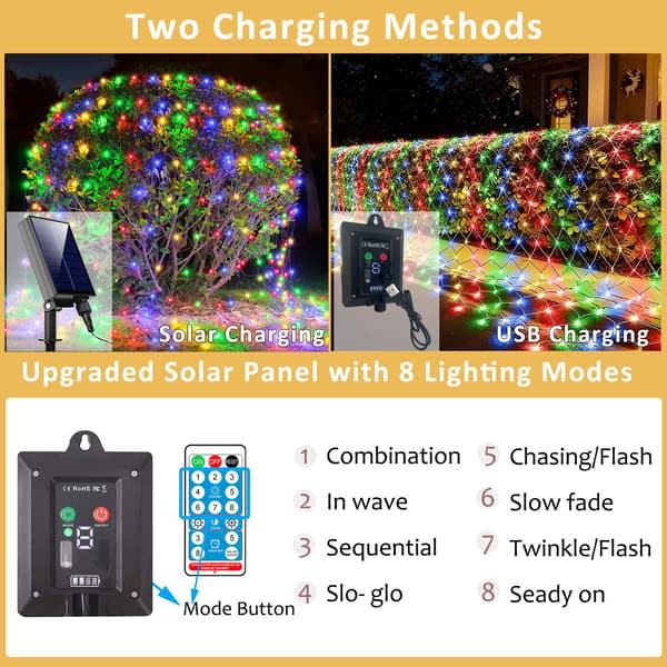 3 x 3 m Solar Net Lights with 280 LEDs, USB Powered, 8 Modes on Clear Wire for Shrubs, Patio, Gazebo, Christmas, Holidays Multicolor