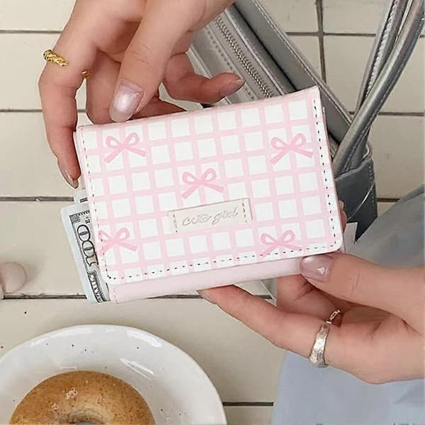 Kvinders korte pung med sløjfemønsterdesign, foldbar, flere kortpladser Pink