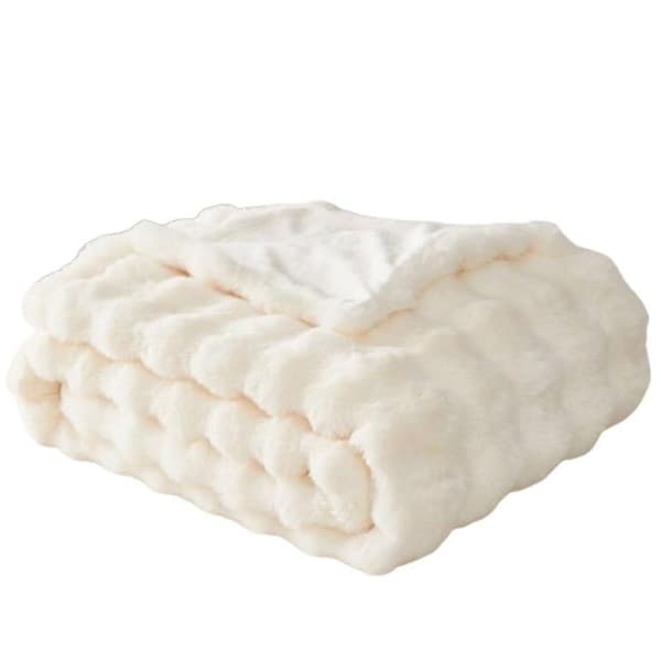 Fluffy, lodden fuskepelspledd, lett koseteppe, 1 hvit bit