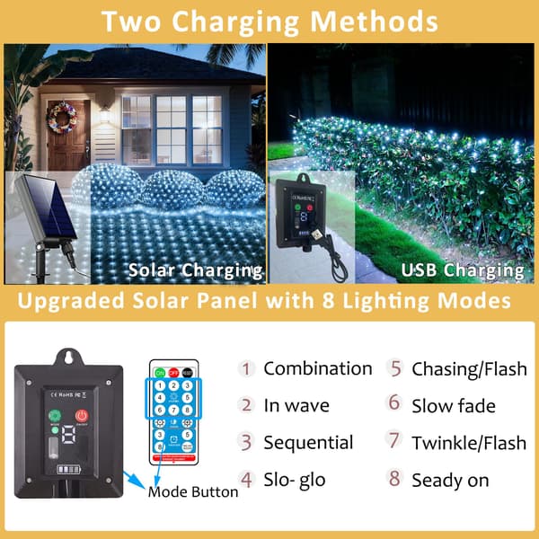 3 x 3 m Solar Net Lights with 280 LEDs, USB Powered, 8 Modes on Clear Wire for Shrubs, Patio, Gazebo, Christmas, Holidays Cool White