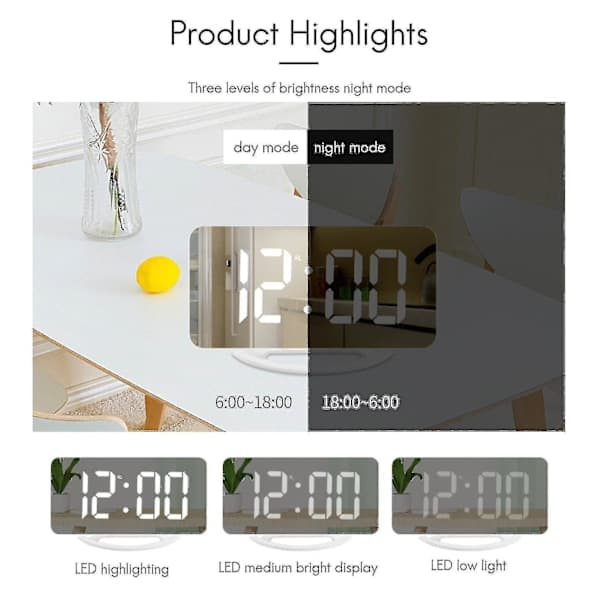 Loud Alarm Clock with Vibration for Heavy Sleepers, Adults, Deaf, Digital Mirror Clock with Bed Shaker