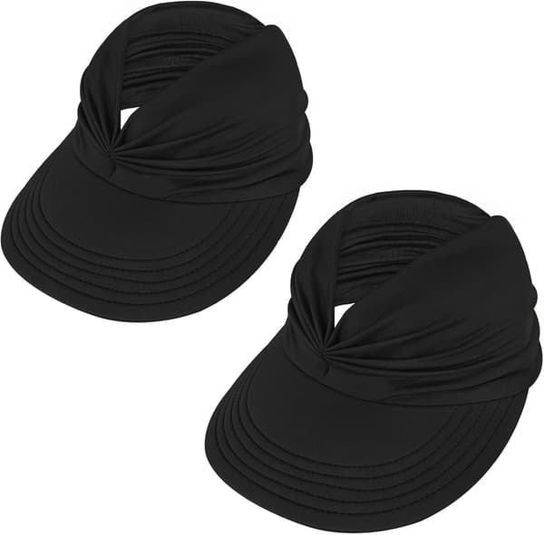 Solhatter for kvinner UV-beskyttelse Solskjerm Bred brem Sommerhatter med hestehale 2 Pack Black
