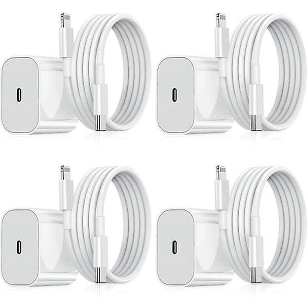 iPhone Lader - Hurtiglader - Adapter + Kabel 20W USB-C Hvit 4 stk