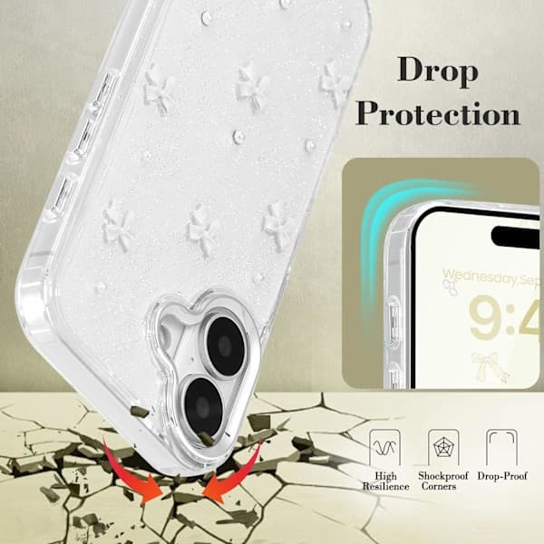 Compatible with iPhone 16, Bling Glitter 3D Bow Phone Case Cute Sparkling Crystal Clear Bow Slim Soft Durable Protective Cover White iPhone 16 Whit iPhone 16 White