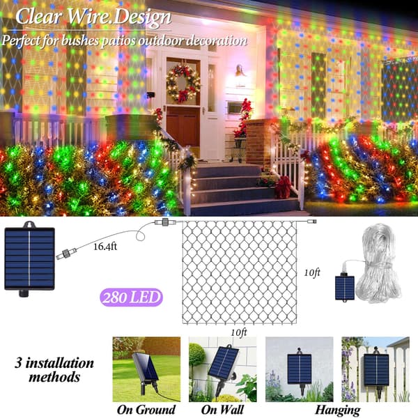3 x 3 m solcelle netlys med 280 LED'er, USB-drevet, 8 tilstande på klar ledning til buske, terrasse, lysthus, jul, helligdage Multicolor