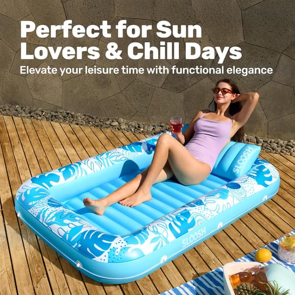 Inflatable Pool Lounger, 180 x 118 cm Extra Large Pool Float for Adults with Pillow, 4-in-1 Sunbathing Pool Float, Sunbed Lounge Blue