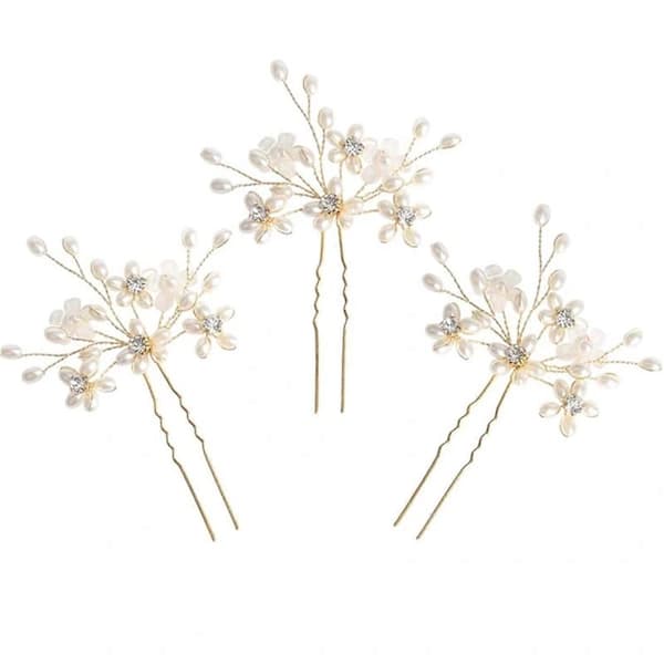 Bröllopshårnålar (3 st) - Eleganta pärlblommor med kristallhåraccessoarer för brudar (Guld)