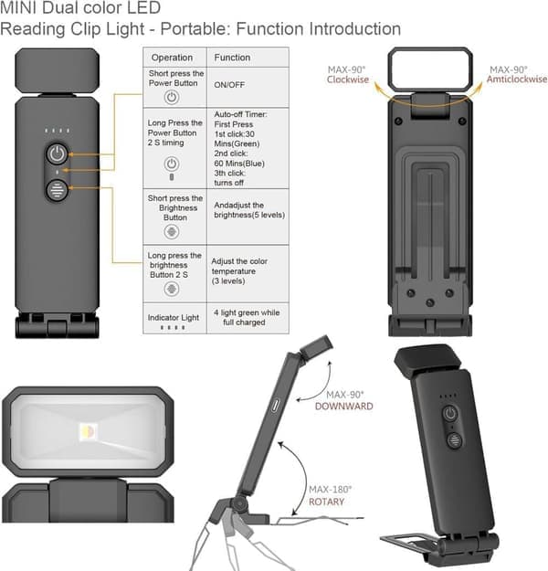 Portable USB Rechargeable LED Book Light with Clip for Bed Reading, Adjustable Brightness, Dimmable Bookmark Lamp Black black