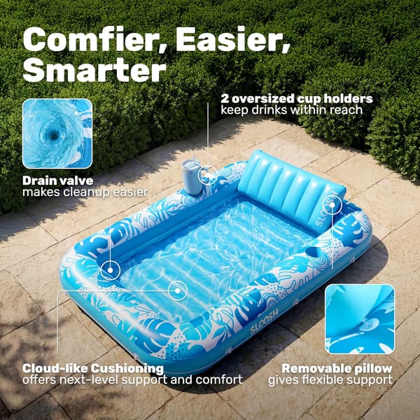 Inflatable Pool Lounger, 180 x 118 cm Extra Large Pool Float for Adults with Pillow, 4-in-1 Sunbathing Pool Float, Sunbed Lounge Blue