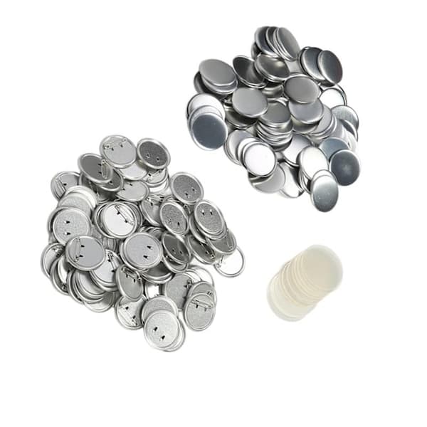 Sæt med tomme metalknapper, 100 stk., 44 mm, egnet til knapmaskiner, 75 mm mat finish.