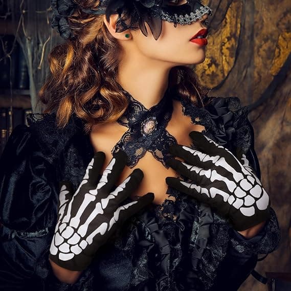 Kraniehandsker - Halloween Kostume Tilbehør - Hvide Printede Sorte Kraniehandsker