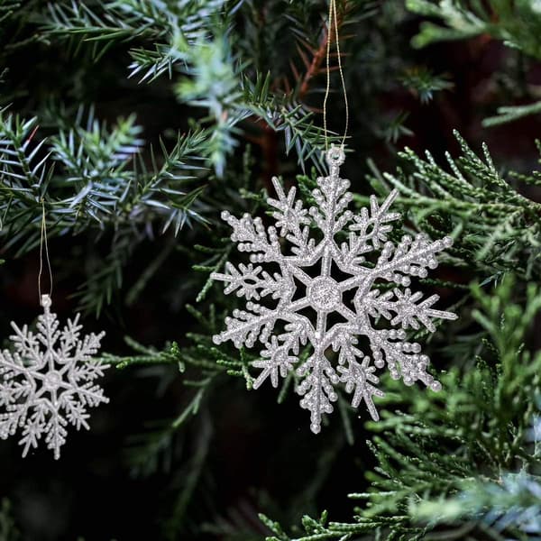 Julgranspynt i plast med glitter, snöflingor, 10 cm, 36-pack Silver