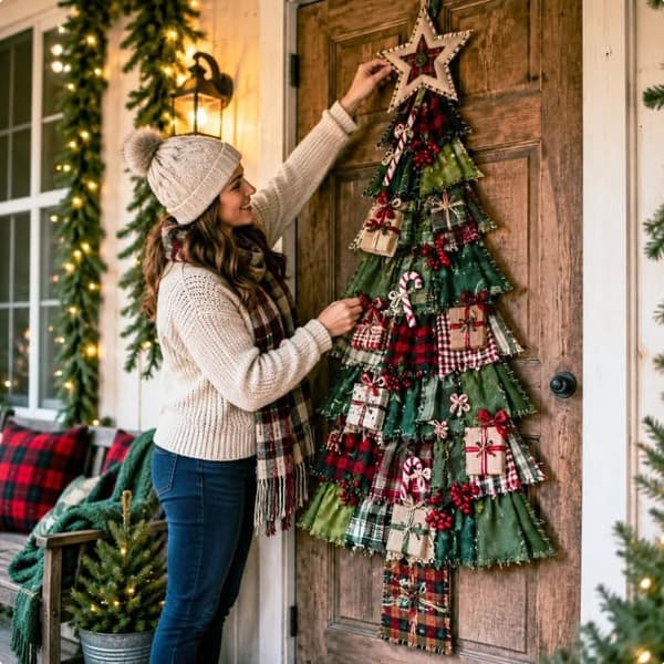 DIY Oversized Patchwork Juletræ Dørhængersæt, 3D Stofsyning & Samlesæt til Voksne, Julepynt til Væg & Indgangsparti
