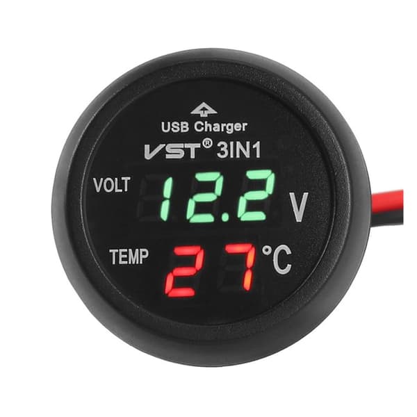 3-i-1 Biloplader Voltmeter Termometer, 12/24V USB-skærm