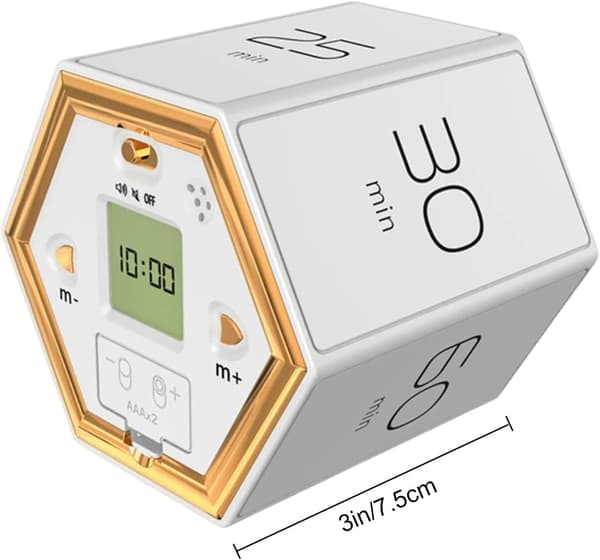 Roterende sekskant-timer 5-60 minutter, lydløs nedtællingstimer med LED-display til kontor, studie og køkkenbrug (hvid) White